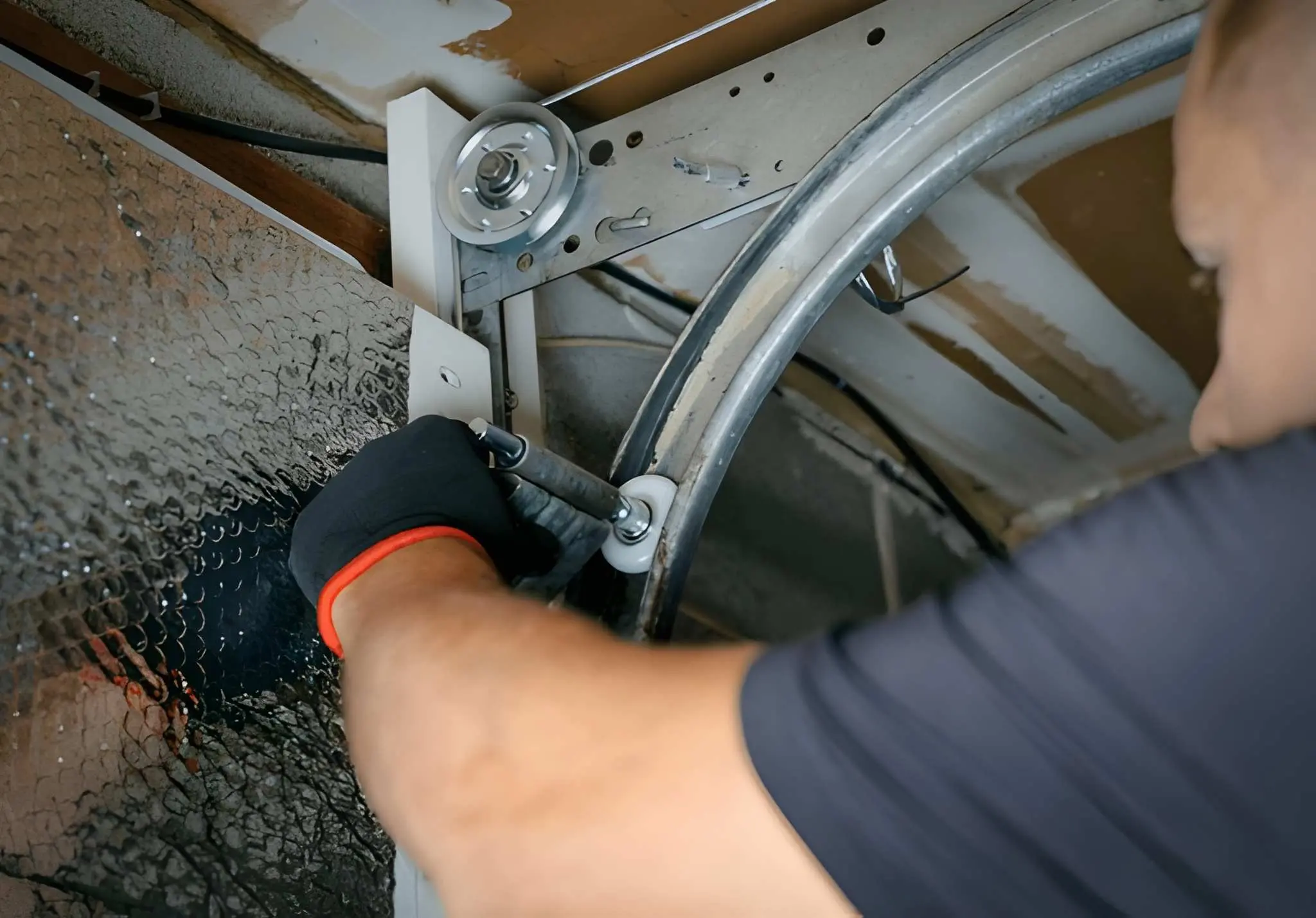 Technician repairing garage door springs, rollers, and tracks for smooth operation