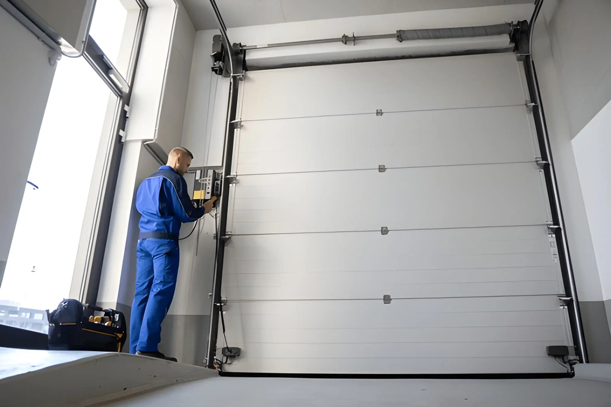 Technician repairing a commercial garage door for a warehouse or business building